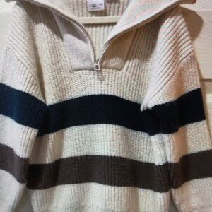 Men's Striped Sweater - Cream, Navy, and Brown
